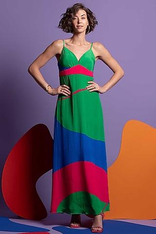 multi-colored natural crepe smocked maxi dress