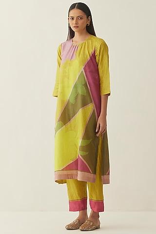 multi-colored natural silk floral & striped printed kurta set