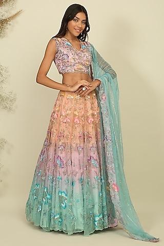 multi-colored net & silk embroidered ombre lehenga set