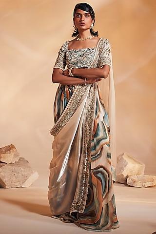 multi-colored organza & chiffon printed concept saree set