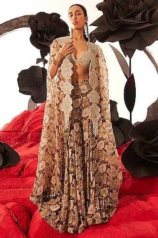 multi-colored organza & georgette floral printed cape set