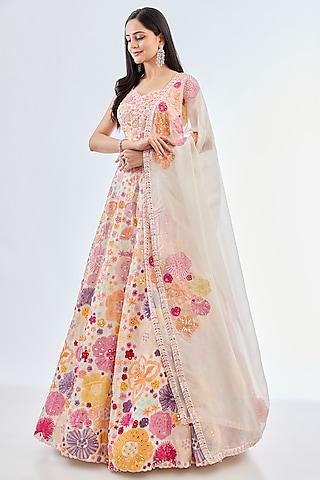 multi-colored organza hand embroidered lehenga set