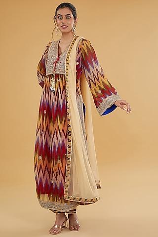 multi-colored organza ikat printed & dori embroidered kurta set