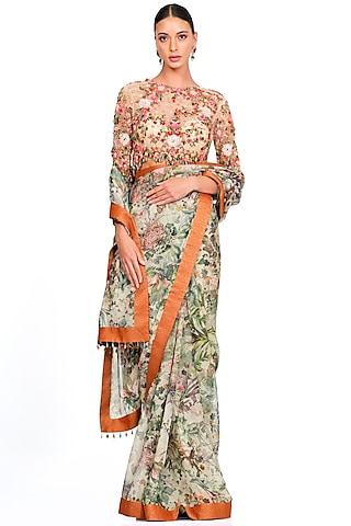 multi-colored organza printed & tassel embroidered saree set
