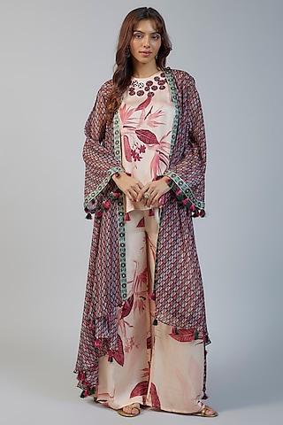 multi-colored organza printed waterfall cape set