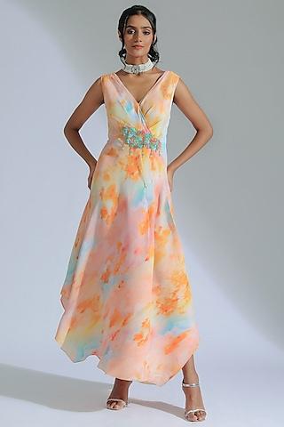 multi-colored pleated crepe fabric sequins embroidered overlap maxi dress