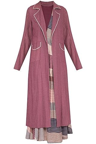 multi colored pleated dress with plum overlayer jacket
