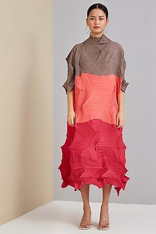 multi-colored pleated fabric color blocked midi dress