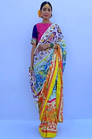 multi-colored poly satin digital printed saree set