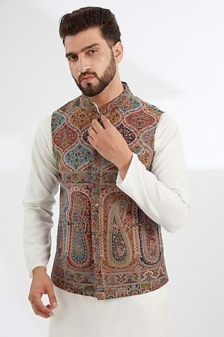 multi-colored polyester yarn paisley printed & embroidered bundi jacket