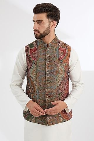 multi-colored polyester yarn paisley printed & embroidered bundi jacket