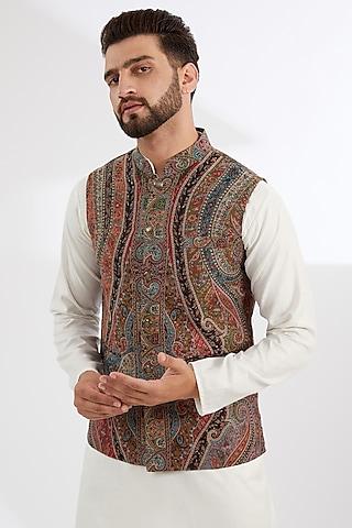 multi-colored polyester yarn paisley printed & embroidered bundi jacket