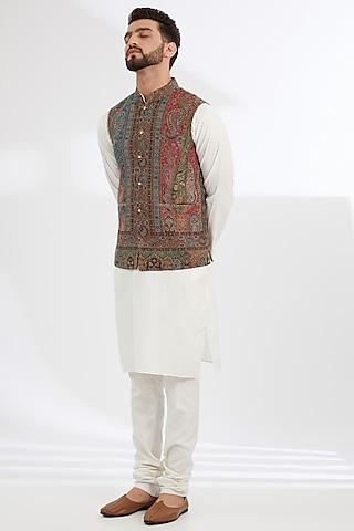 multi-colored polyester yarn paisley printed & embroidered bundi jacket