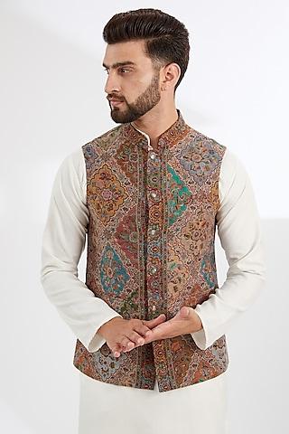 multi-colored polyester yarn paisley printed & embroidered bundi jacket