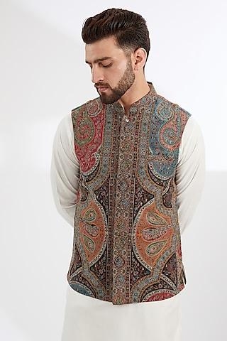 multi-colored polyester yarn paisley printed & embroidered bundi jacket