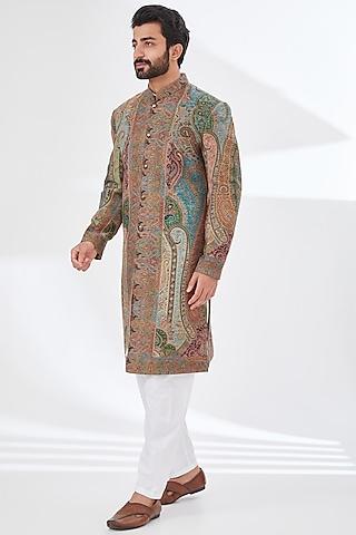 multi-colored polyester yarn printed & embroidered sherwani