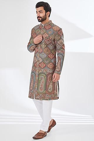 multi-colored polyester yarn printed & embroidered sherwani