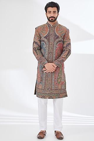 multi-colored polyester yarn printed & embroidered sherwani