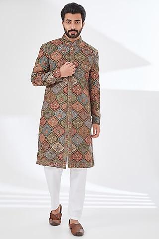 multi-colored polyester yarn printed & embroidered sherwani