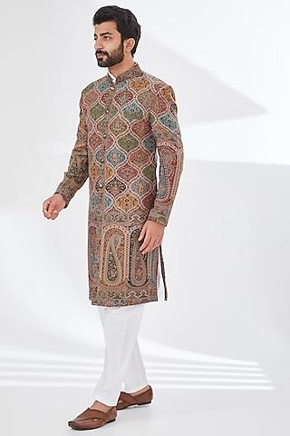 multi-colored polyester yarn printed & embroidered sherwani