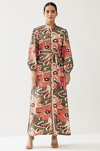 multi-colored poplin cotton floral maxi dress with belt