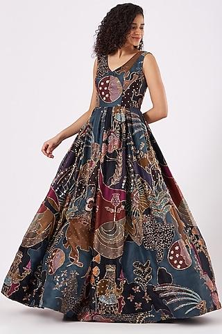 multi-colored printed & embellished gown