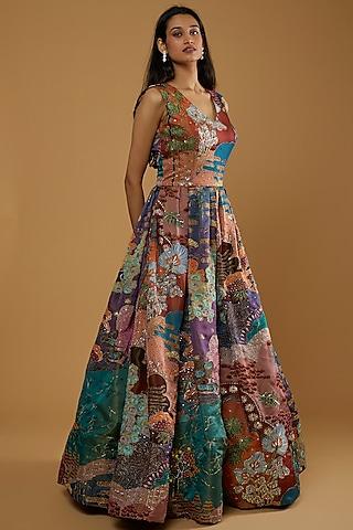 multi-colored printed & embellished gown