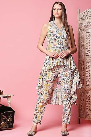 multi colored printed asymmetrical tunic set