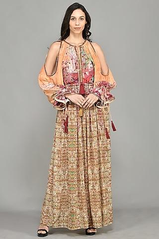 multi-colored printed cold shoulder maxi dress