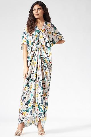 multi-colored printed draped dress