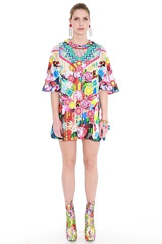 multi colored printed flared sleeves dress