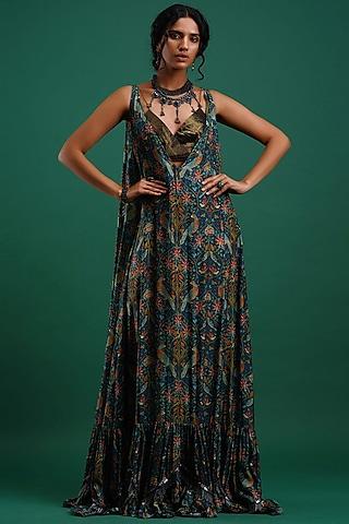 multi colored printed maxi dress with bustier