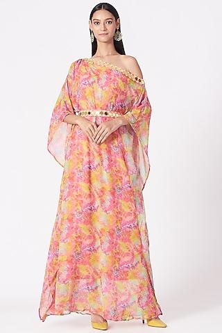 multi colored printed off shoulder draped dress