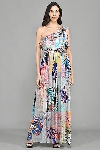 multi-colored printed one-shoulder maxi dress