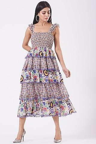 multi-colored printed smoked layered dress