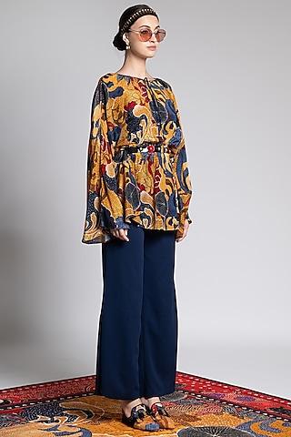 multi colored printed top with flared sleeves