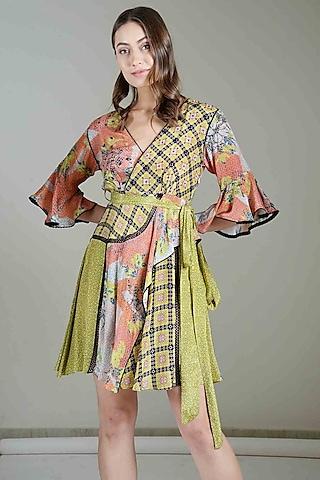 multi-colored printed tunic wrap dress