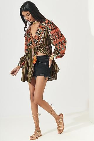 multi-colored printed wrap blouse