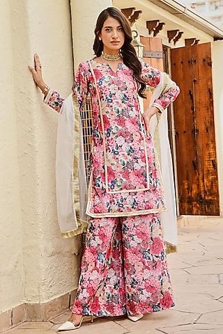 multi-colored pure chanderi printed kurta set