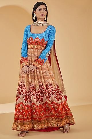 multi-colored pure crepe digital printed & swarovski embellished anarkali set