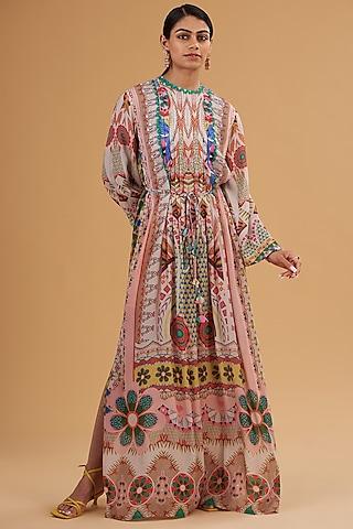 multi-colored pure crepe sequins embroidered & digital printed kaftan dress