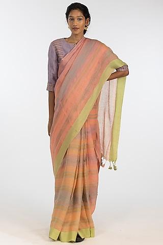 multi-colored pure linen geometric motif embroidered handloom saree set