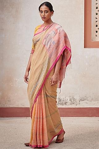 multi-colored pure linen handloom geometric motif embroidered saree