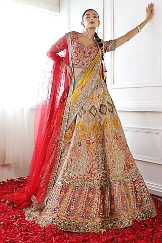 multi-colored pure raw silk embroidered lehenga set