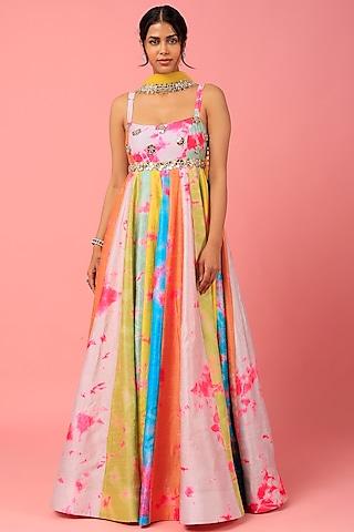 multi-colored raw silk anarkali set