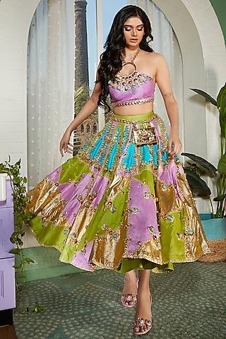 multi-colored raw silk embellished lehenga set