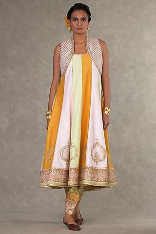 multi-colored raw silk embroidered anarkali set