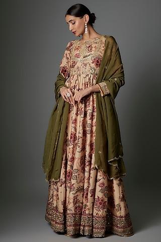 multi-colored raw silk floral printed anarkali with dupatta