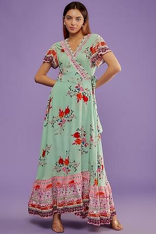 multi-colored rayon crepe printed & embroidered maxi dress