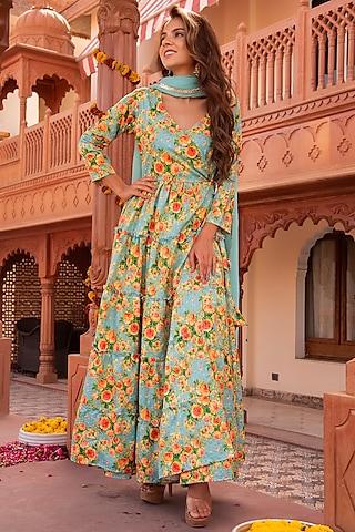 multi-colored rayon embroidered anarkali set